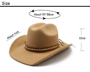 Detailed size specifications for the wide brim khaki western cowboy felt fedora hat