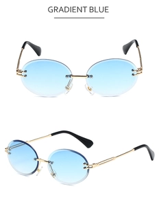 Front and side view of rimless oval sunglasses with gradient blue lenses and gold frame