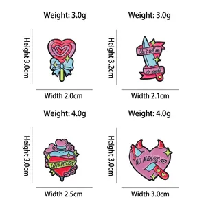Cartoon enamel lapel pins set with pink heart knife and love potion designs for clothes