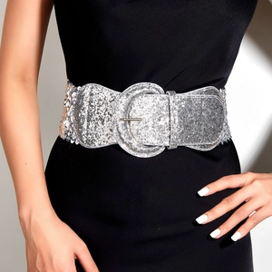 Women's Fashion Wide Elastic Belt Glitter Sequins Waist Cinch Belt With Round Pin Buckle For Dress Coat Party Accessory