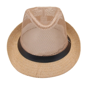 Detail of breathable mesh crown and woven straw brim on Panama hat with leather belt