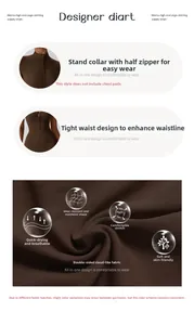 Detail view of skin-friendly dark brown yoga bodysuit with zipper and stand collar