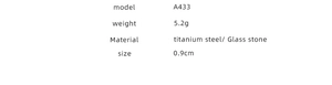 Specifications for heart glass stone titanium steel ring model A433 weight 5.2g size 0.9cm