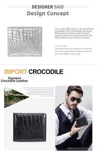 Close-up of genuine crocodile skin wallets showing natural large scale textures and colors