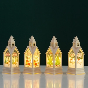 Retro Christmas lantern set in white castle style with warm LED glow for holiday decor