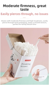 Macro shot of individually wrapped white flexible straws with FDA certified packaging