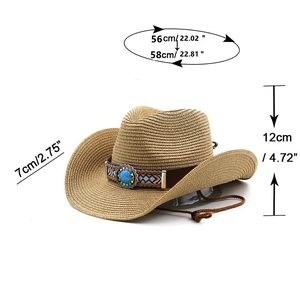 Dimensions détaillées du chapeau de paille Western avec bande ethnique turquoise