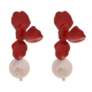 Vintage red flower earrings with baroque freshwater pearls on a clean white background