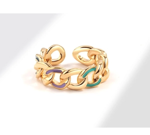 Detailed close-up of golden chain mesh ring with purple and turquoise enamel inlay