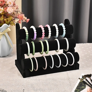 Three-tier black velvet jewelry display stand for bracelets, bangles and watches storage