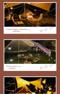 Warm white LED globe string lights decorating an outdoor camping tent and dining area