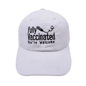 White cotton baseball cap with Fully Vaccinated black embroidery and syringe heart graphic