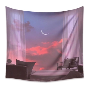 Detail view of Bohemian tapestry featuring a surreal sunset and white sheer curtains