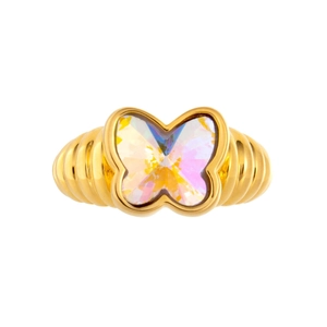 Macro shot of gold butterfly ring featuring faceted rainbow opal with textured metal band