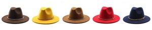 Flat brim wool fedora hats in five colors with a gold chain band decoration