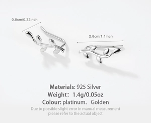 Detailed dimensions of 925 silver leaf earrings in platinum and gold plating