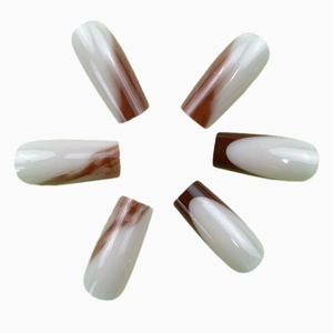 French marble pattern caramel brown press-on nails in long coffin shape set