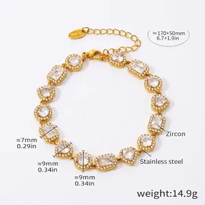 Detail view of gold stainless steel zircon bracelet showing dimensions 170+50mm and weight 14.9g