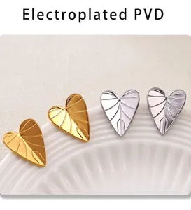 Detailed close-up of heart-shaped leaf texture earrings with PVD gold and silver plating
