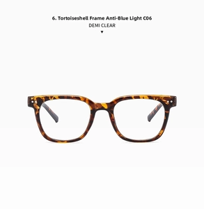 Detail view of demi tortoise square frame glasses with anti-blue light clear lenses