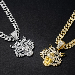 Iced out cuban link necklaces with gold and silver tiger head pendants for hip hop style