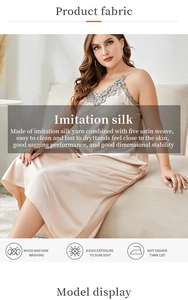 Detailed view of champagne silk nightgown with delicate lace and washing instructions