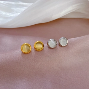 Minimalist round cat eye stone stud earrings in gold and silver titanium steel