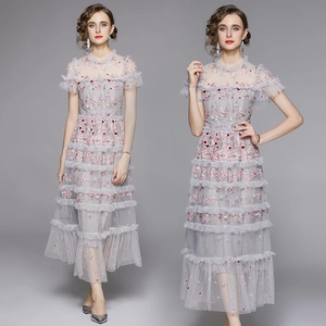 Damen Elegantes Netz Besticktes Maxi Kleid Rundhals Rüschen Kurzarm Gestufter Tortenrock Top And Bottom Party Abendkleid