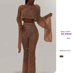 Women Sparkly Sequin Outfit Long Flare Sleeve Backless Crop Top And High Waist Bell Bottom Pants Sexy Glamorous Party Clubwear