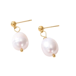 French vintage freshwater pearl drop earrings with golden studs on white background