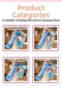 Detail of blue liquid quicksand astronaut keychains with Dream On silicone straps