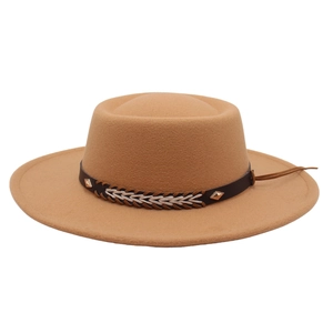 Detail of camel felt hat featuring a brown leather band with woven pattern and metal rivets