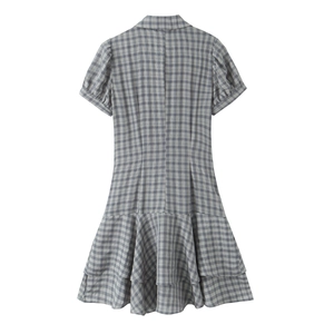 Fashionable grey plaid mini dress with lapel collar and tiered ruffle hem detail