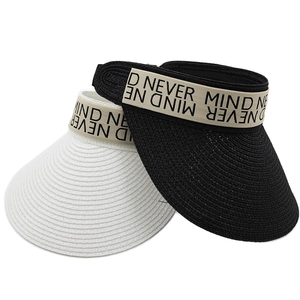 Women Sun Visor Hat Wide Brim Paper Straw Empty Top UV Protection Beach Cap Adjustable Letter Ribbon Casual Style