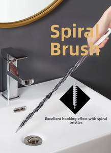 Detail showing spiral bristles of flexible drain clog remover catching hair from sink