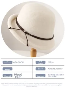 Detailed size chart and specifications for white wool cloche hat with leather cord