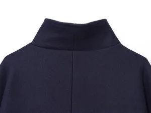 Detail of high stand collar on dark navy wool blend coat with clean seam stitching