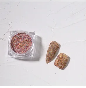 Multicolor sugar nail glitter powder in clear jar with display nail tips for manicure