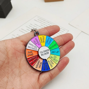 Close-up of circular rainbow wheel keychain made of zinc alloy with rotating mood text