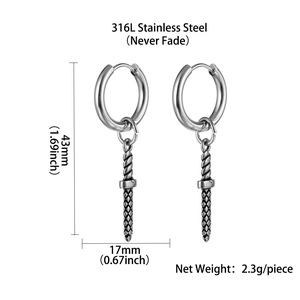 Detailed size specifications for silver titanium steel dagger earrings with dimensions