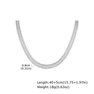 Detail view of 8mm wide silver mesh chain necklace showing dimensions and weight metrics
