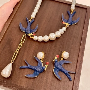 Vintage Blue Enamel Swallow Artificial Pearl Necklace And Earrings With Silver Earring Post Gold Tone Retro Elegant For Women