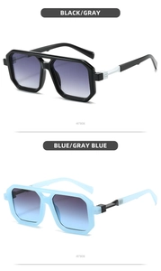 Detailed side view of black and blue oversized geometric sunglasses with metal accents