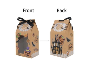Detailed front and back view of Halloween kraft paper gift box with window and black ribbon