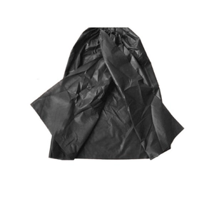 Disposable black non-woven bath robe for spa and salon use in a flat lay view