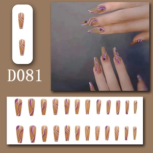 Detail of nude press-on nails with purple wave patterns, rhinestones, and 24pc set layout