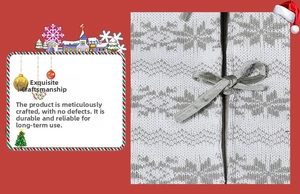 Close-up of heavy knit Christmas tree skirt featuring grey snowflake patterns and velvet ties