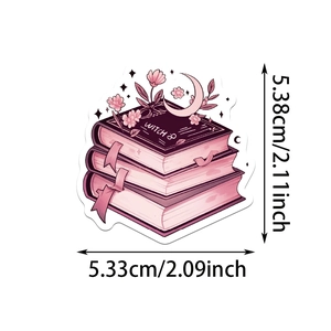 Detailed size chart for Gothic wizard book stickers showing 5.3cm dimensions