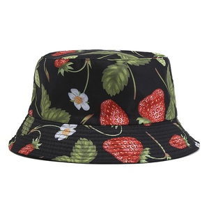 Classic black bucket hat with vibrant strawberry and floral patterns for sun protection