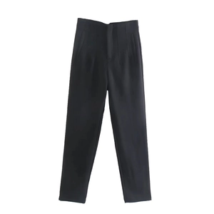 Flat lay view of classic black high-waisted straight trousers in woven fabric finish